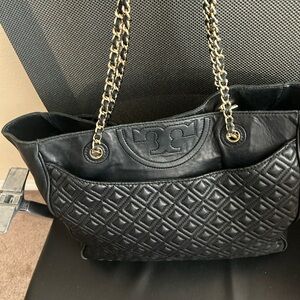 Tory Burch Black Quilted Shoulder Bag with Gold Chain